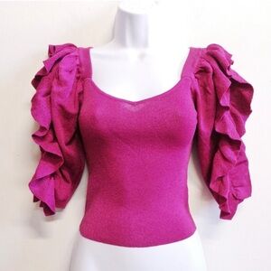 Zara Metallic Knit Crop Top/Sweater with Ruffle Sleeve